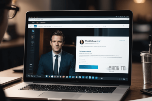 A professional presenting a polished LinkedIn profile on their laptop, surrounded by personal branding tools like business cards.