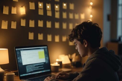 A young person enthusiastically coding on a laptop in a cozy room, with motivational sticky notes like '30 Days to Master Programming' on the wall'