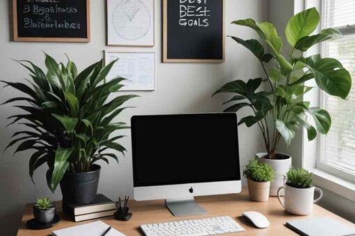 Freelancer working on laptop at home office with plants and notebook