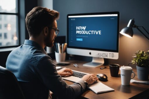 A professional working efficiently at a desk with a laptop, notebook, and coffee, representing productivity and focus.