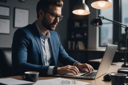 A professional working efficiently at a desk with a laptop, notebook, and coffee, representing productivity and focus.