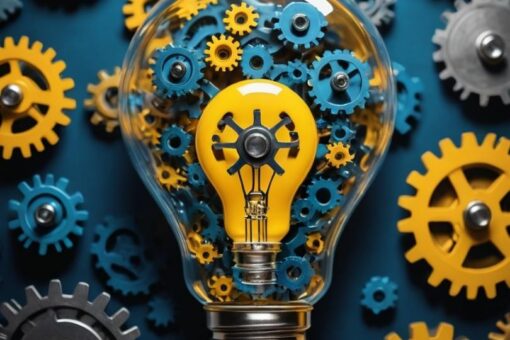 A lightbulb with gears and puzzle pieces forming a brain, symbolizing creative problem-solving and decision-making.