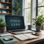 A calm study setup with a laptop, planner, and stress-relief items, symbolizing organized, stress-free exam preparation.