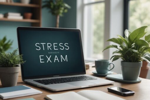 A calm study setup with a laptop, planner, and stress-relief items, symbolizing organized, stress-free exam preparation.