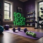 A person exercising in a home gym with dumbbells and a yoga mat, surrounded by motivational decor.