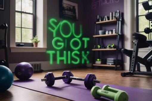 A person exercising in a home gym with dumbbells and a yoga mat, surrounded by motivational decor.